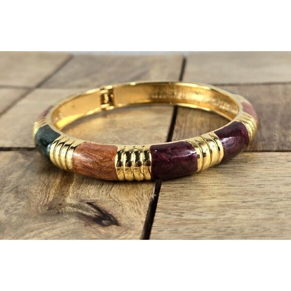 VTG Clamper Bracelet Bangel Hinged Gold Brown Maroon Green Enamel Panels Color B - Picture 1 of 11